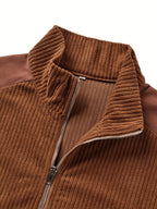 Men'S Casual Corduroy Quarter-Zip Pullover, Solid Color Long-Sleeve Sweater with Ribbed Collar, Durable Versatile Top for Daily Commute & Outdoors, Sporty, Regular Fit, Turtleneck, Long Sleeve, Zipper - Coffee Color