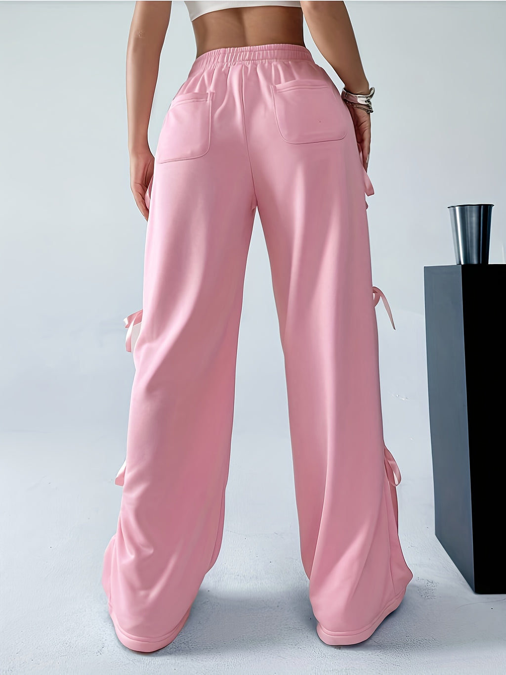 Plus Size, Plus Size Women's Casual Slacks with Bow Accents - All-Season Trousers, Straight-Leg Design, Machine Washable Solid Color Pants for Everyday Comfort - Pink