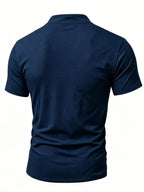 Men's Casual Drawstring Stand Collar Short Sleeve - Navy Color