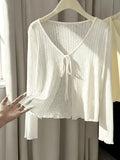 Women'S Thin Cape, Semi-Sheer Long Sleeve Jacket, Neck Tie Convenient Wear, Cuffs And Hem Scalloped Design, Machine Washable, 100%, Office And Casual Wear, Vacation Versatile Style, Elegant - White