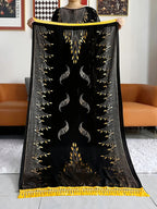 Women's Pattern Robe with Beige Tassel Set, Arabic Luxury Abaya, Headscarf, Elegant Round Neck Dress, Short Sleeve Style - Black