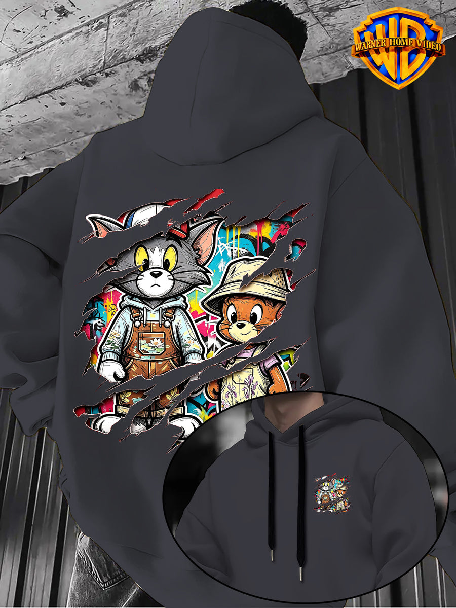 Warner Bros Official 1pc Vintage Painted Cartoon Character Trendy Casual Hoodie - Men's Fashion Hoodie, Adjustable Drawstring Loose and Comfortable Sweatshirt, Suitable for Daily and Outdoor Sports Wear, the Perfect Choice for Warmth in Autumn - Dark Gray