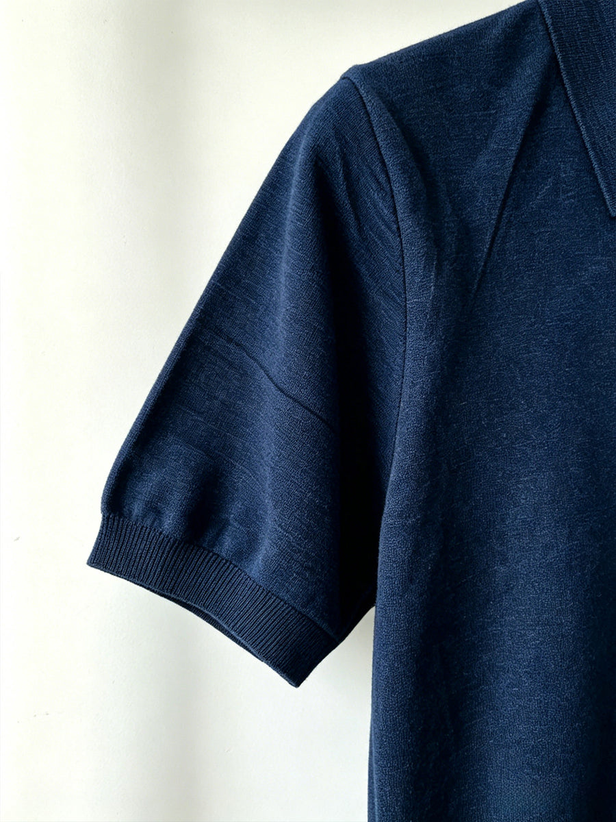 Men's Thin Knit Short-Sleeve Polo Shirt with Simple Line Hummingbird Embroidery and Lapel Collar, Casual Top - Navy Color