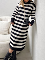Women's High-Neck Sweater Dress - Loose Fit Dress with Striped Midi/Maxi Length, & Side Slit | Machine Washable Winter Dress Suitable for, Casual, Office, Layering - Black And White