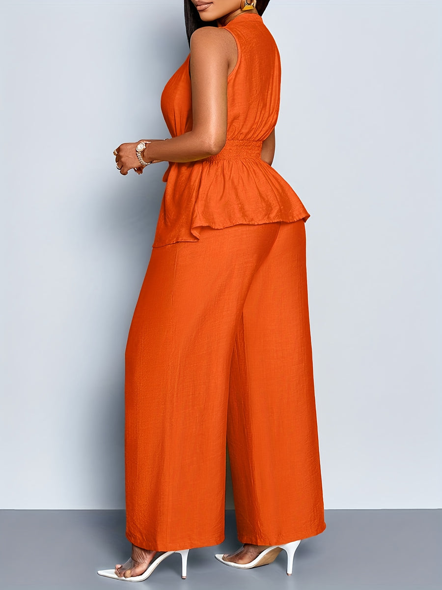 Women's Spring/Summer Elegant Vacation Style Daily Wear Sleeveless Top with Asymmetric Hem + Wide-Leg Pants 2pcs Set, Casual 2pcs Outfit for Wedding Season, Music Festivals, Easter, Western, Bohemian, Nashville Style, Parties, Weddings - Coral