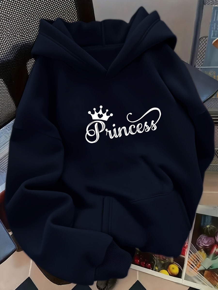 D92-1pc Loose Hooded Sweatshirt, Fashionable Versatile Princess Crown Pattern Printed Hooded Sweatshirt, Spring And Autumn, Women'S Size L15172 - Navy Color