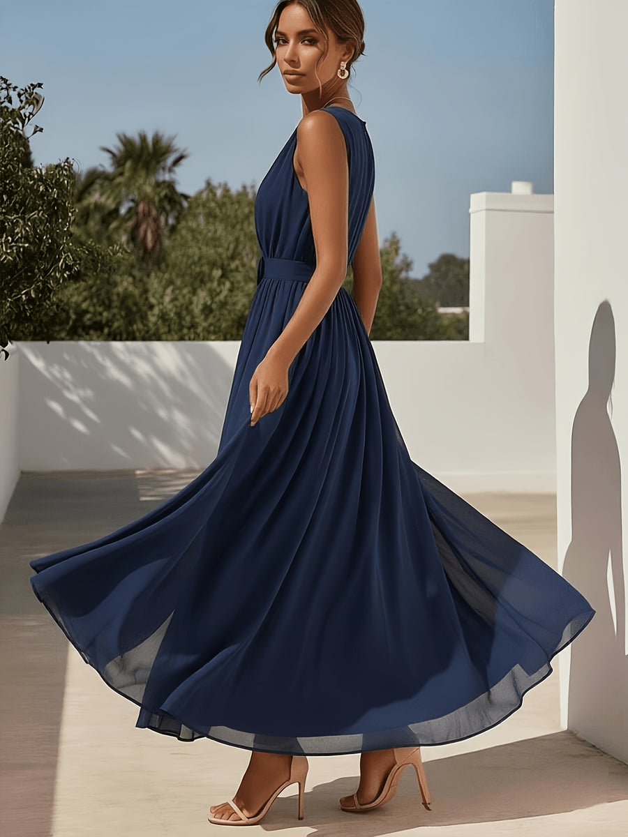2026 Summer 3D Floral Pleated Waist Ruffled Gauze V-Neck Sleeveless A-Line Flowing Long Dress Suitable for Wedding Evening Gown Banquet Prom Daily Wear Fashionable Premium Connected Mid-Length Bridesmaid Dress [ZLLZ] - Navy Color