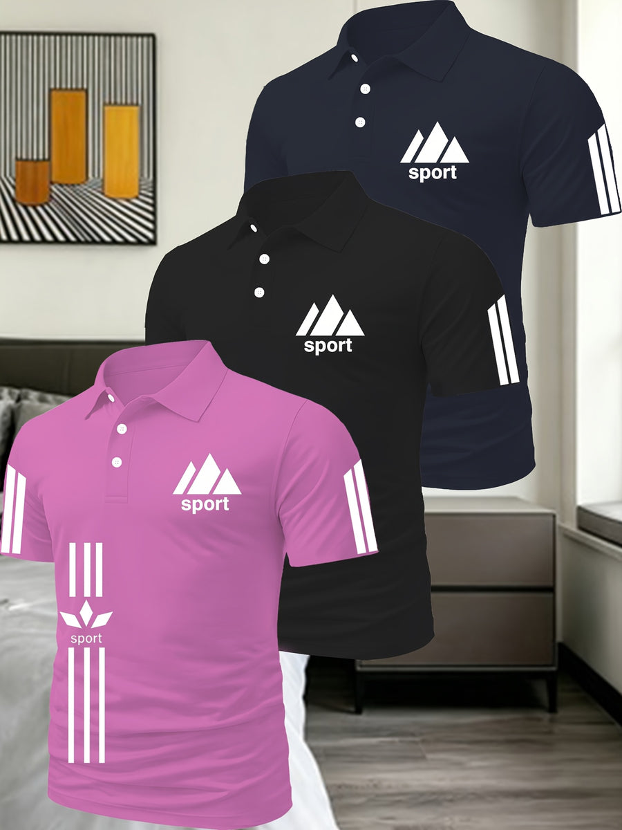 Light Luxury Men'S Solid Color Polo Shirt 3pcs Set Multi-Scene Golf Outfit Top - Pink Black Navy Blue