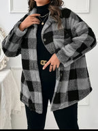 Women's Elegant Casual Plaid Jacket, Suitable for Travel, Leisure, and Strolling, a Warm, Loose-fitting Plush-patched Casual Coat - Black And Gray Grid