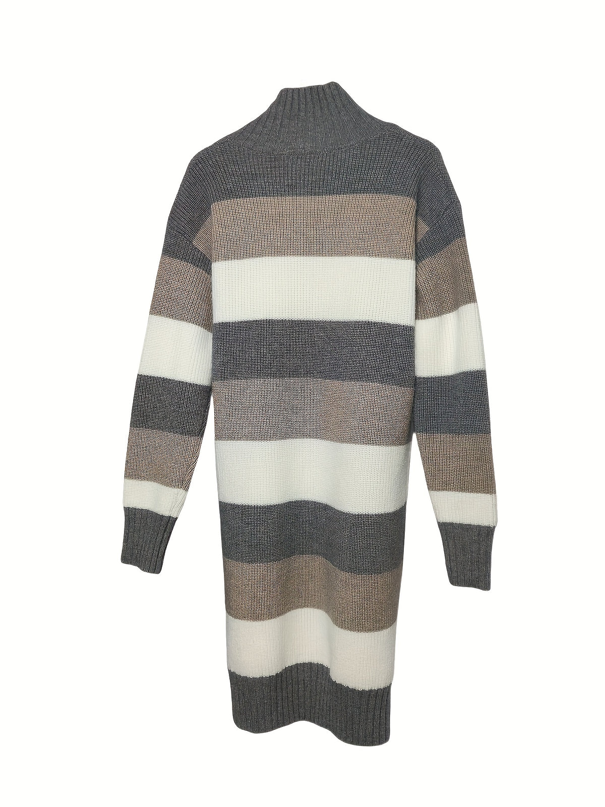 Sweater Dress Fall Winter Korean Style New Women'S Design Sense High Neck Top Long Length Pullover Sweater Striped Dress Premium Beautiful Temperament Mid-Length Base Dress Winter Skirt - Grey