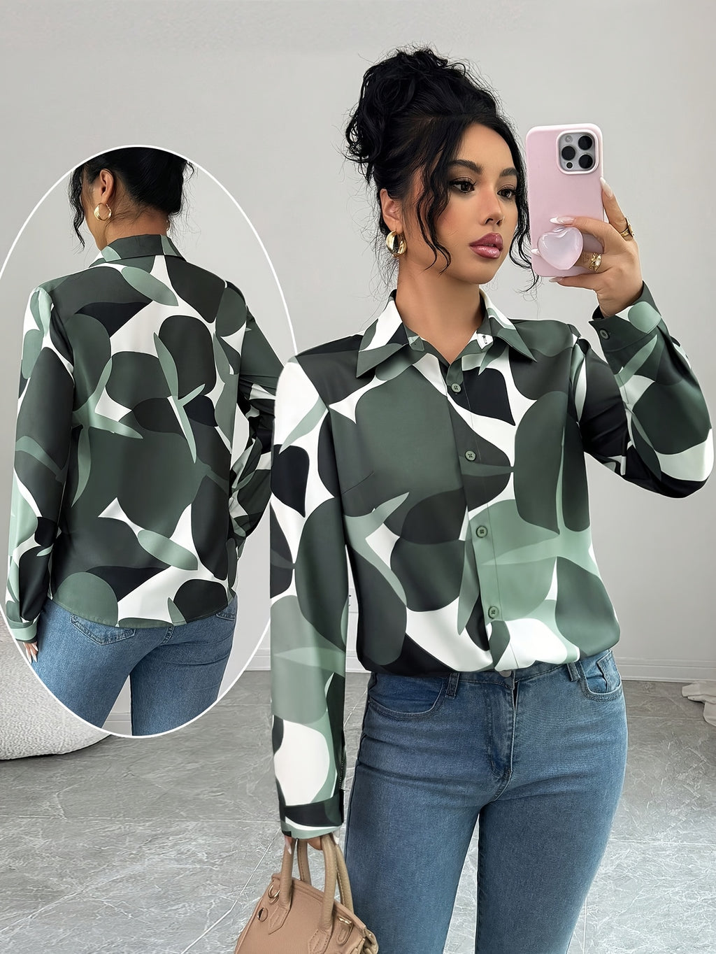 Elegant Green Floral print Button- Shirt with Collar - Loose Fit Long Sleeve Blouse, Machine Washable for Year-Round Casual & Professional Wear - Olive Green