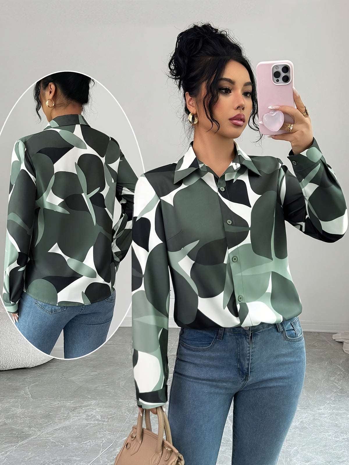Elegant Green Floral print Button- Shirt with Collar - Loose Fit Long Sleeve Blouse, Machine Washable for Year-Round Casual & Professional Wear - Olive Green