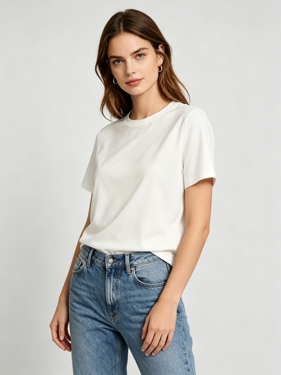 Women's Elegant Round Neck Short-Sleeve T-Shirt - Solid Color Blouse Suitable for Spring Summer Fall, Medium Stretch Opaque Short Sleeve Top, Machine Washable Casual & Dressy Basic Blouse for Layering, Regular Fit Wardrobe Essential - White