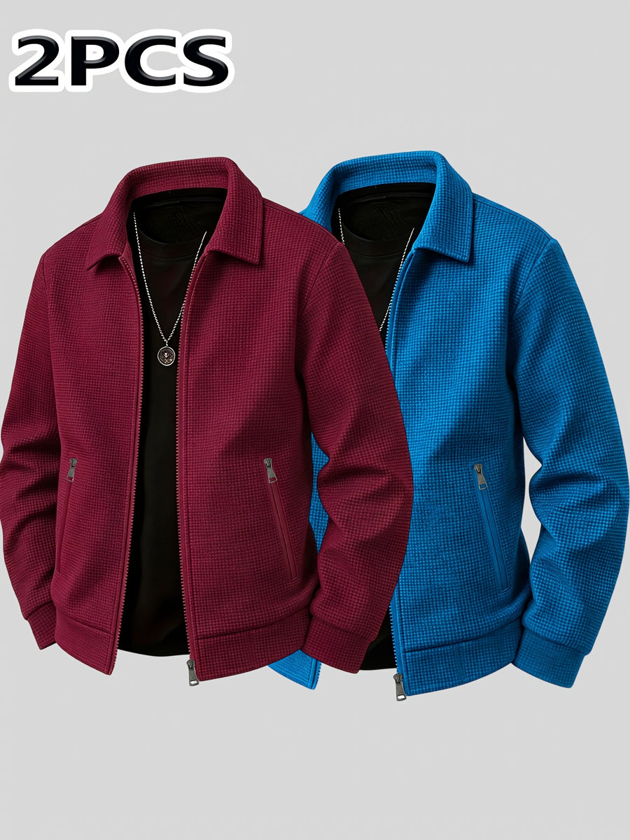 Men'S Casual Business Textured Lapel Jacket 2pcs Set, Easy Light Mature Business Style, Lapel Zipper Style with Side Pockets And Wrinkle-Resistant Stiff Suit, Middle-Aged Office Business Social Commuting Men'S Wear - created-sapphire+wine red
