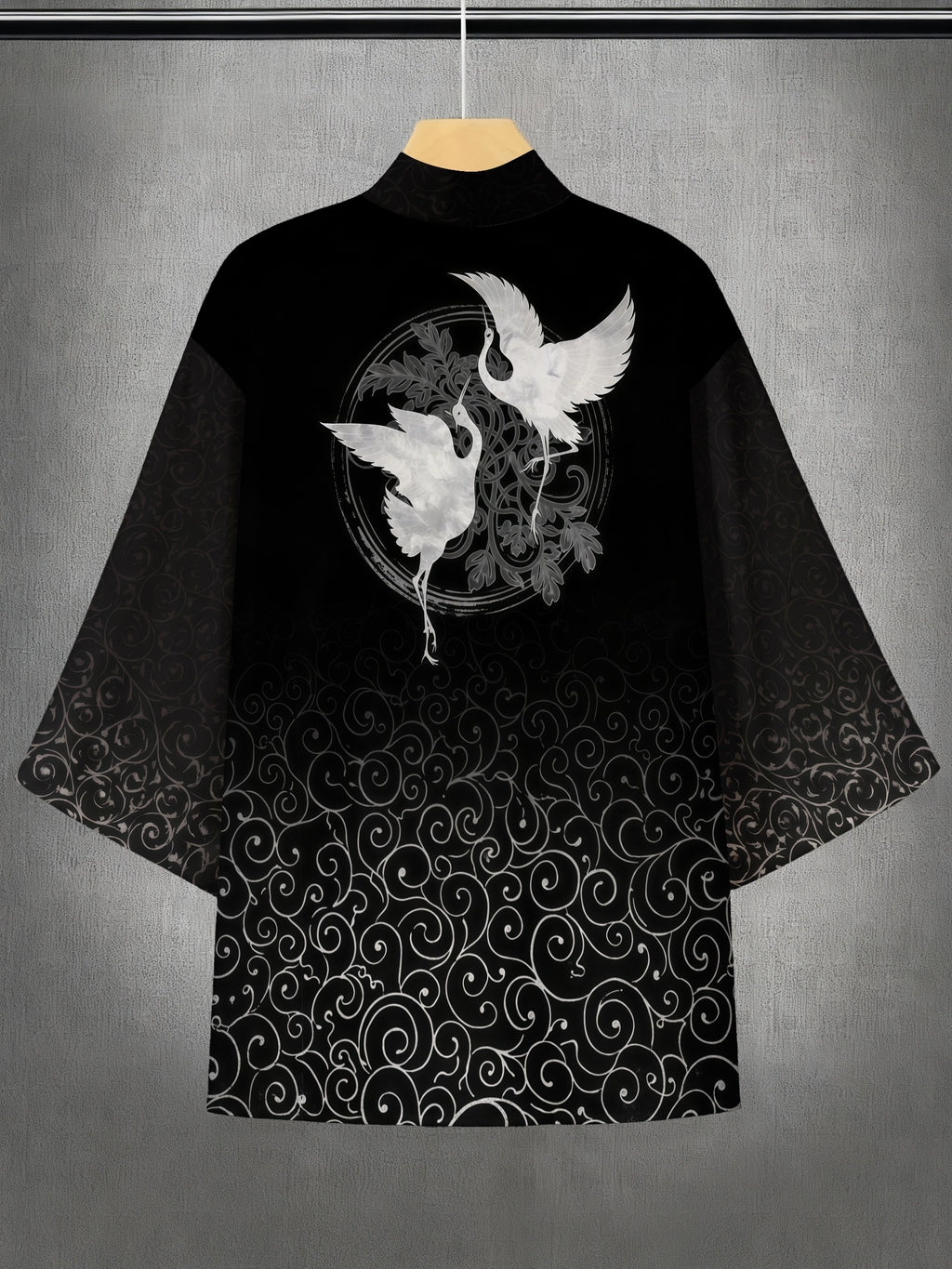 2026 Gradient Color Crane Print Cardigan Men'S Retro Feel And Design Sense Southeast Asia Kimono - Black