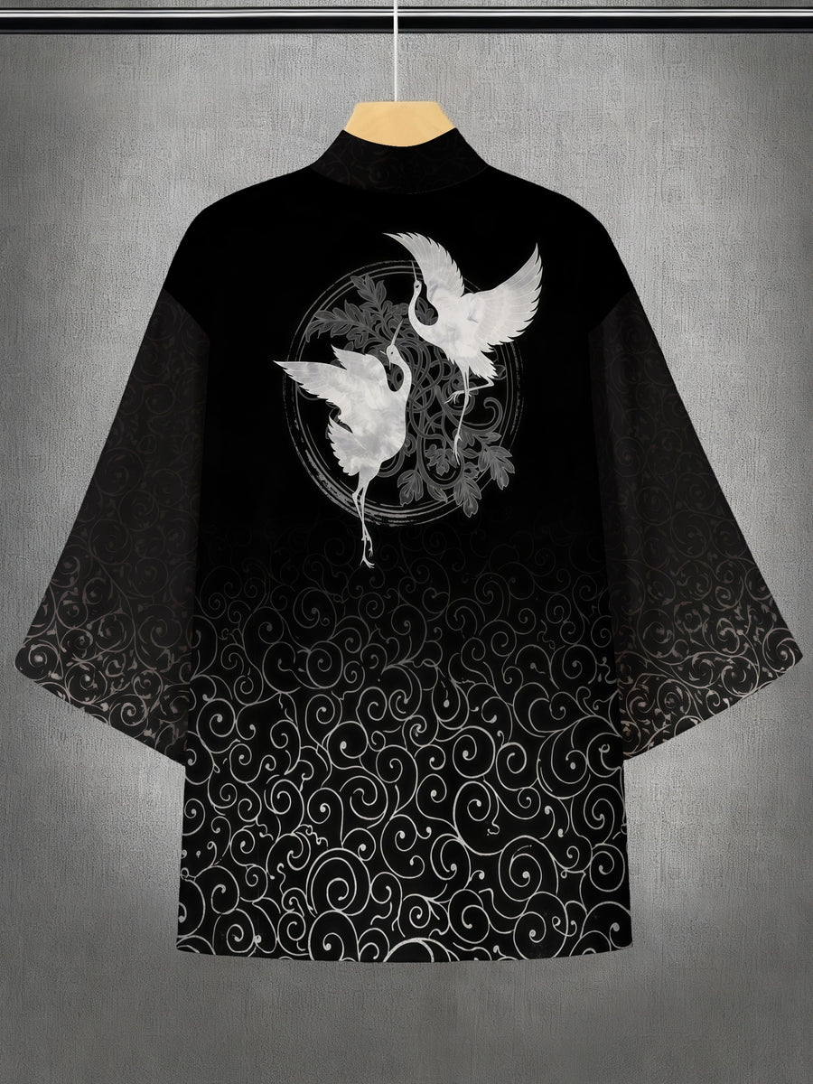 2026 Gradient Color Crane Print Cardigan Men'S Retro Feel And Design Sense Southeast Asia Kimono - Black