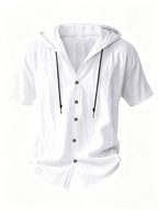 Men's Two-pc Linen Hooded Short-Sleeve Summer Solid Color Beach Vacation Loose Fit Casual Shirt - Khaki+White
