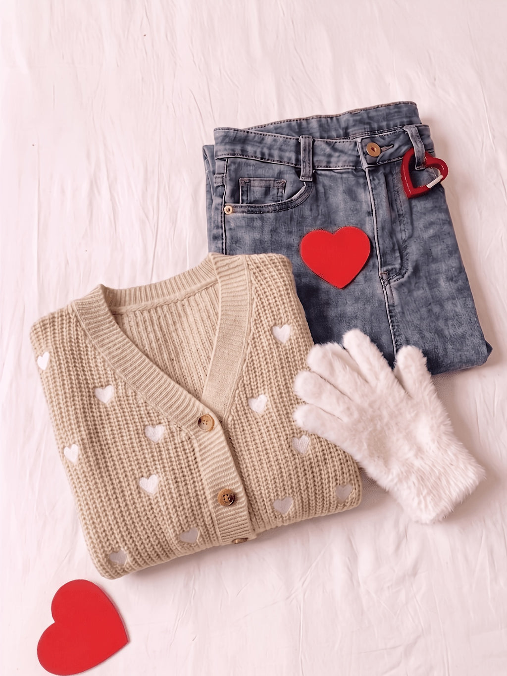 Women's Cardigan with Embroidered Heart, Contrast Color Pattern, V-Neck, Cropped Style, Button-Up Outerwear; Red Cropped Cardigan with Heart Embroidery, Long Sleeves, V-Neck, Versatile Girly Style Jacket Top - Camel