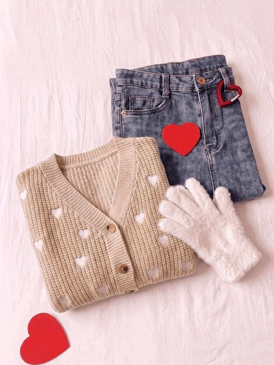 Women's Cardigan with Embroidered Heart, Contrast Color Pattern, V-Neck, Cropped Style, Button-Up Outerwear; Red Cropped Cardigan with Heart Embroidery, Long Sleeves, V-Neck, Versatile Girly Style Jacket Top - Camel