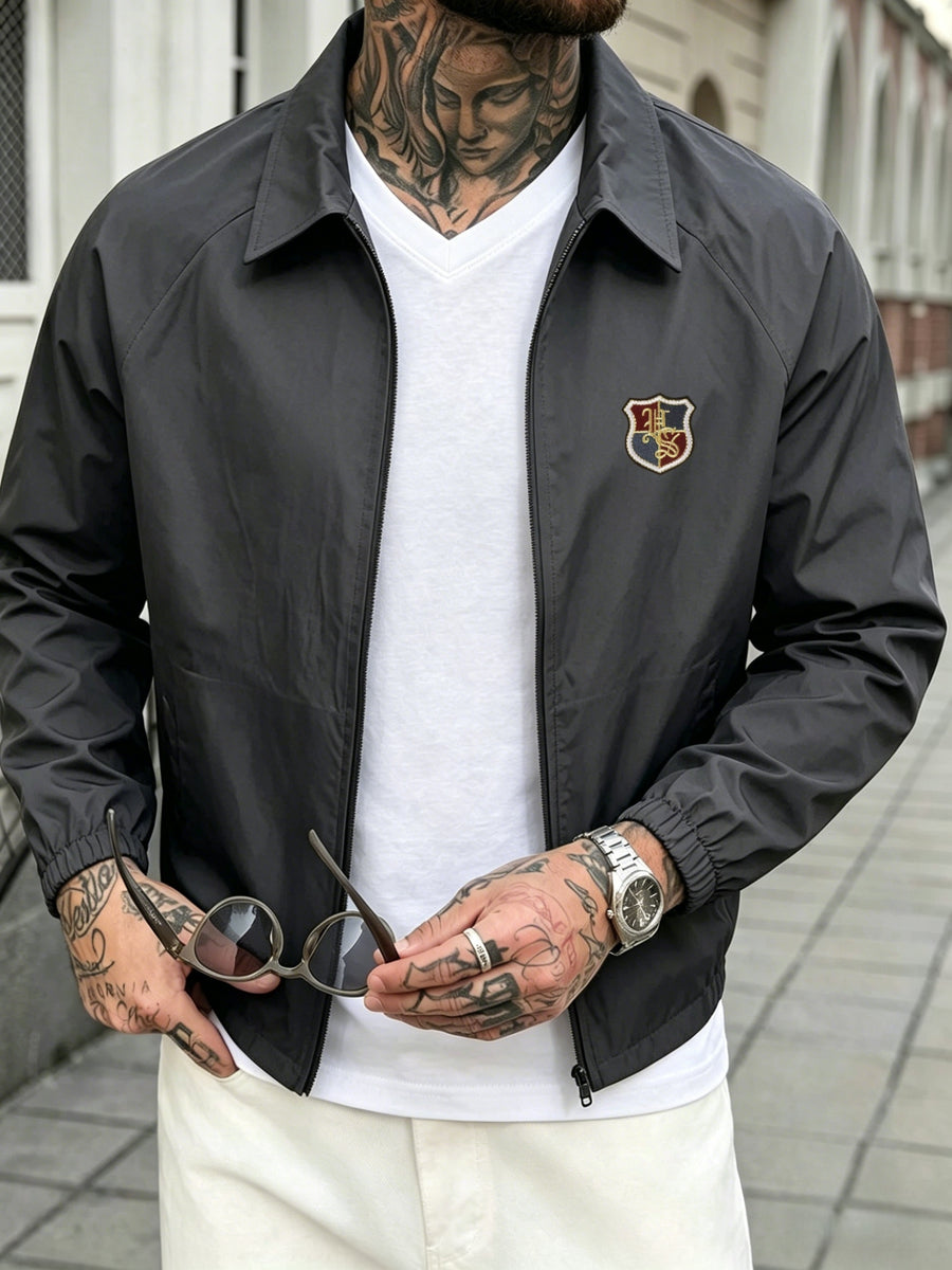 [Villa Le Water OBM] Autumn Men'S Badge Embroidered Shield Blazer, Suitable for Work, Outdoor Wear - Dark Gray