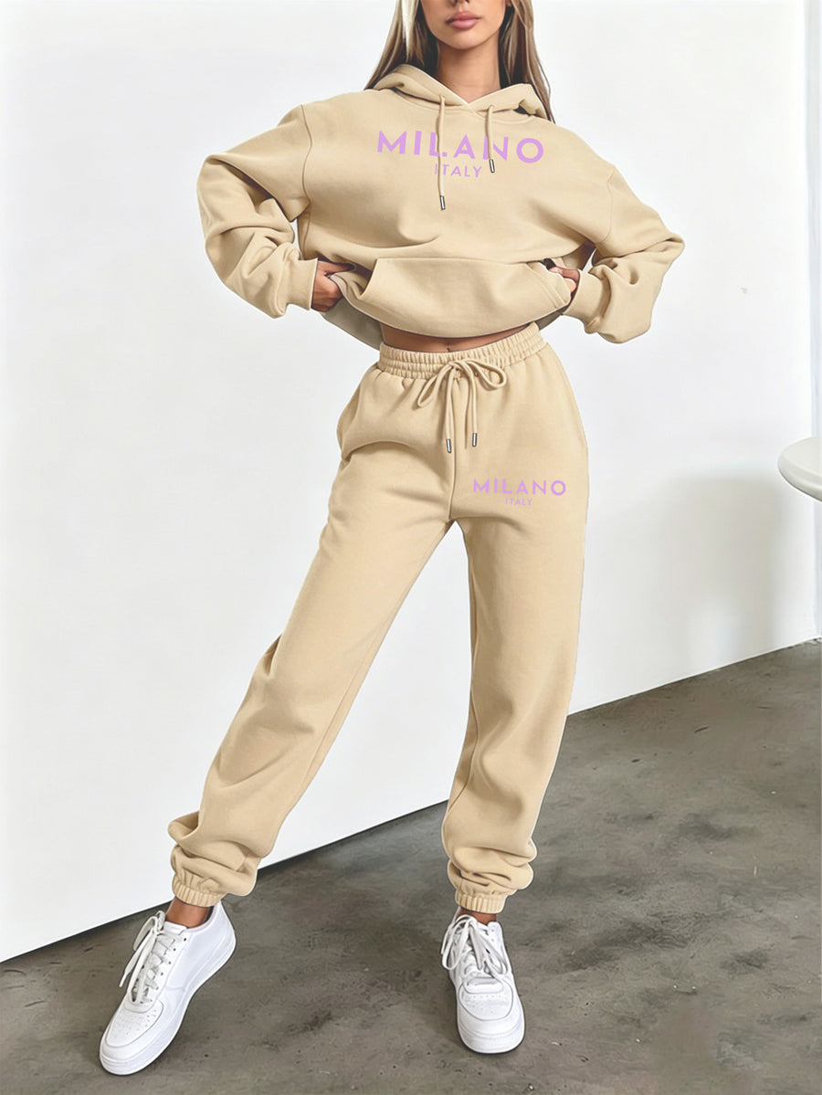 Autumn/Winter Trendy Fashion Women's Hooded Drawstring Sweatshirt and Sweatpants Set, MILANO ITALY, American Vintage Urban Style, American Vintage Style, Hooded Drawstring Design, Sweatshirt with Front Kangaroo Pocket, Comfortable Wear for Cold - Apricot