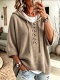 Niannian Fashion Women's Casual Solid Color Pullover, Drawstring Hooded Drop Shoulder Loose Fit Top, Plain Weave Three-Quarter Sleeve Comfortable Casual Sweater, Perfect for Layering in Spring, Autumn, and Winter - Khaki