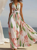 Women's French-Style Halter Neck Dress - Backless A-Line Beach Dress with Pink Floral Print & Cinched Waist, White Suitable for Vacations, Garden Parties, Weddings, Prom - Machine Washable Bohemian Dress - pink