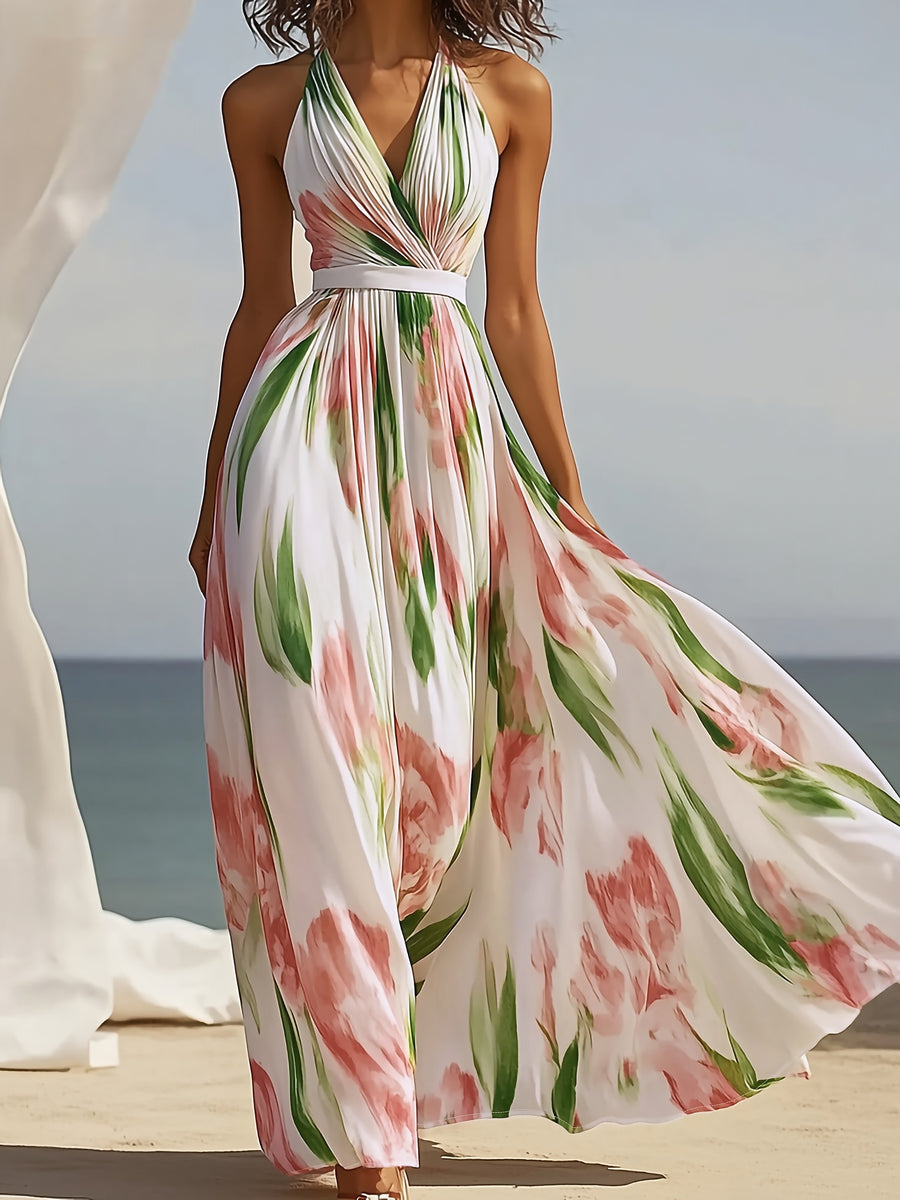 Women's French-Style Halter Neck Dress - Backless A-Line Beach Dress with Pink Floral Print & Cinched Waist, White Suitable for Vacations, Garden Parties, Weddings, Prom - Machine Washable Bohemian Dress - pink