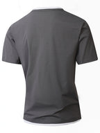 American-style Minimalist Color-Block White-Trimmed Henley Shirt for Men, Versatile Commuting Breathable Thin Short-Sleeve Base Layer Top, Summer Color-Block V-Neck Solid Color T-Shirt, Casual Short Sleeve - Grey