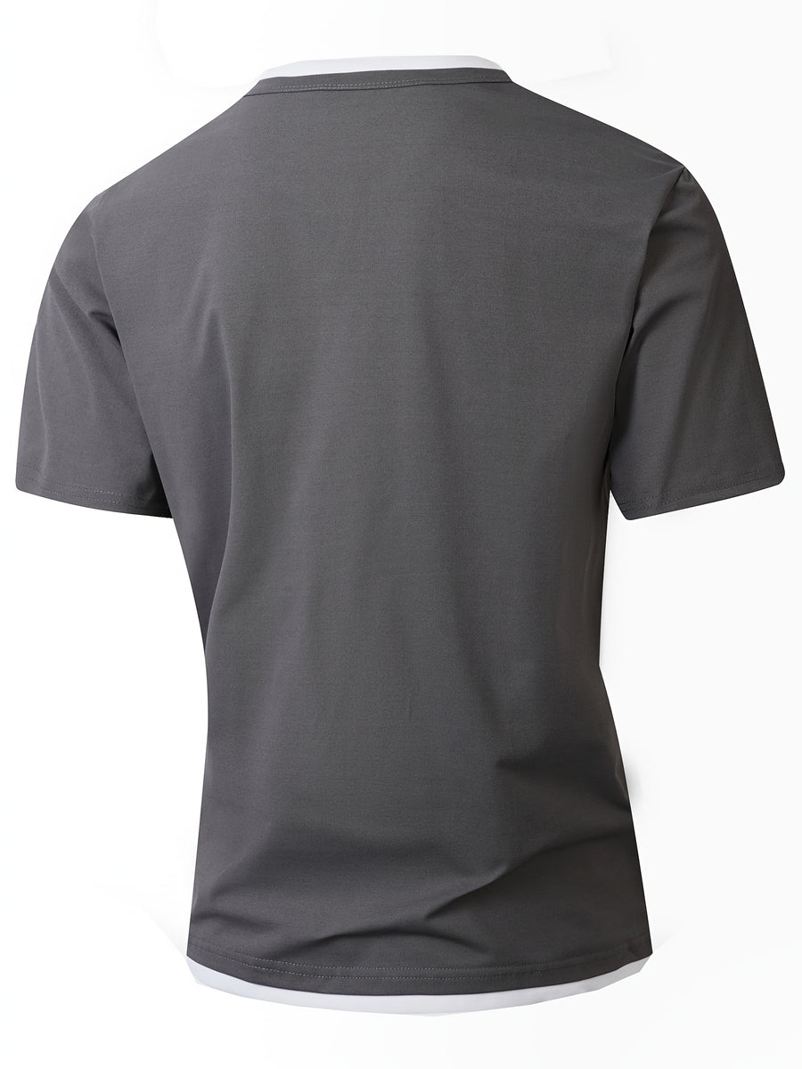 American-style Minimalist Color-Block White-Trimmed Henley Shirt for Men, Versatile Commuting Breathable Thin Short-Sleeve Base Layer Top, Summer Color-Block V-Neck Solid Color T-Shirt, Casual Short Sleeve - Grey