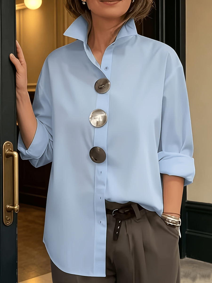 2026 Spring New Large Button Shirt Women'S Loose Silhouette Flattering French Commute Temperament Long Sleeve Shirt Versatile Design Top - Light Blue