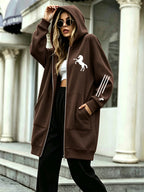 Long Hooded Printed Sweatshirt Jacket Women'S Autumn Winter Thickened Fleece Hoodie Women'S Clothing Versatile Loose Casual Top Long Sleeve Zipper Cardigan Jacket - Dark Brown