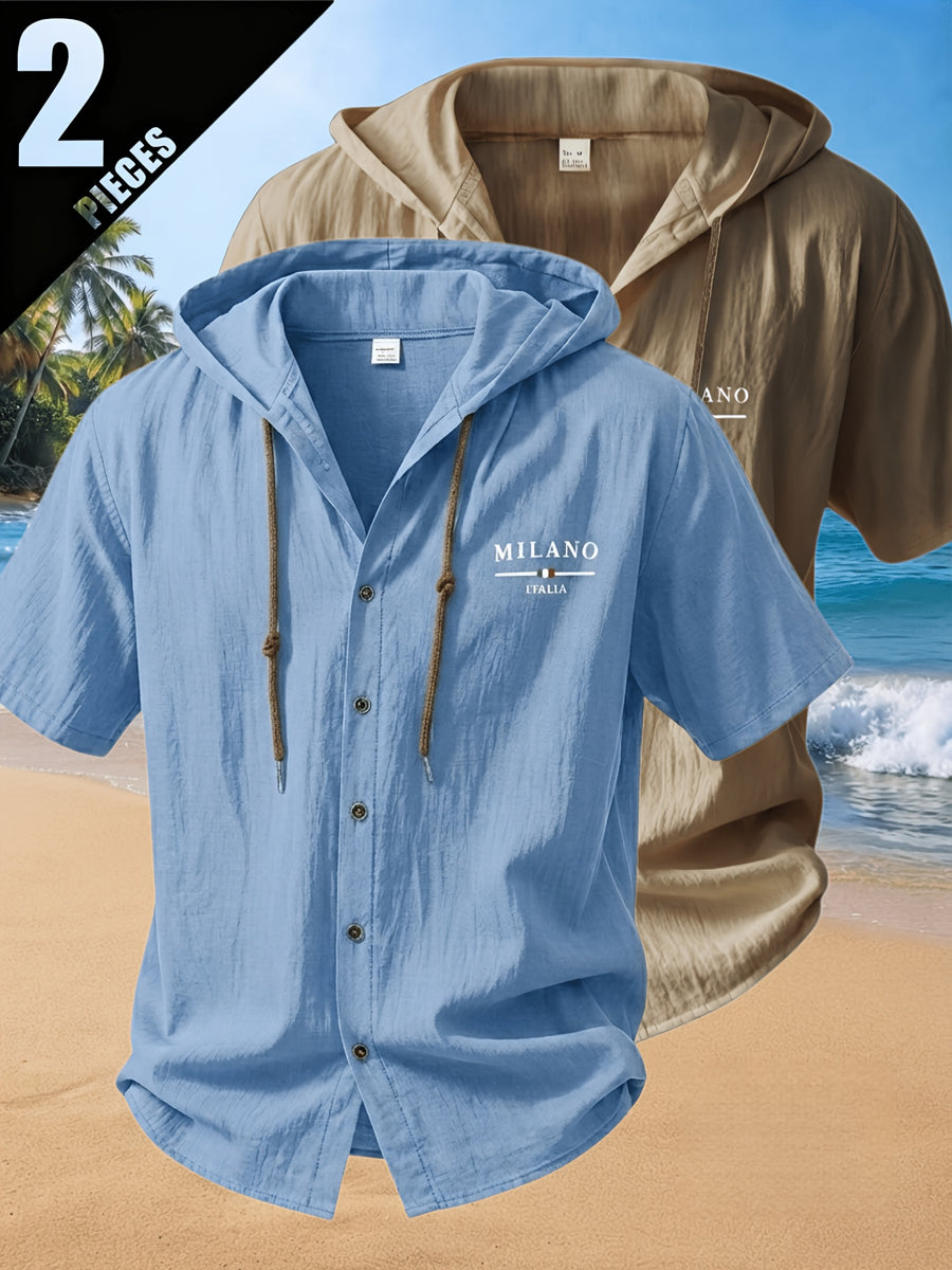 2pcs Men'S Summer Short Sleeve Shirt Set, Breathable And Skin-Friendly Linen Fabric, Trendy Hooded Style, Suitable for Beach Vacations, Beach Outings, And Casual Wear - Mixed Colors 15