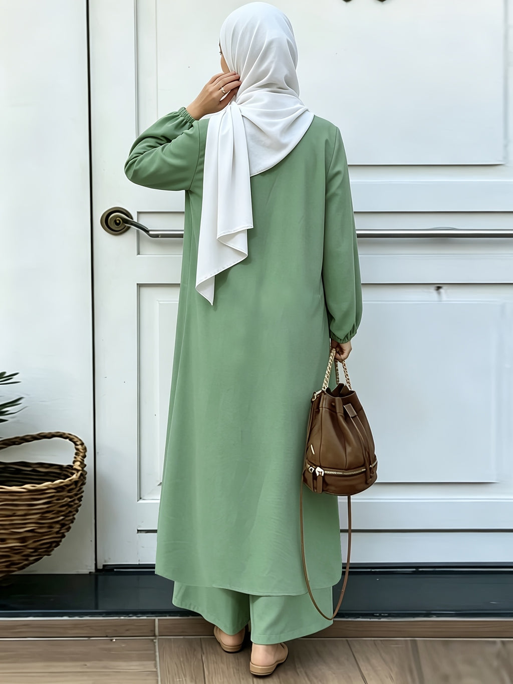 Middle Eastern Ethnic Style Muslim Button-Front Lantern Long Sleeve Slit Elegant Dress, Festive Ramadan Party Loose Trousers, Saudi Arabia Style Comfortable Casual Solid Color Two-Piece Set Without Headscarf, Summer Solstice - Green