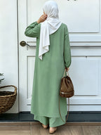 Middle Eastern Ethnic Style Muslim Button-Front Lantern Long Sleeve Slit Elegant Dress, Festive Ramadan Party Loose Trousers, Saudi Arabia Style Comfortable Casual Solid Color Two-Piece Set Without Headscarf, Summer Solstice - Green