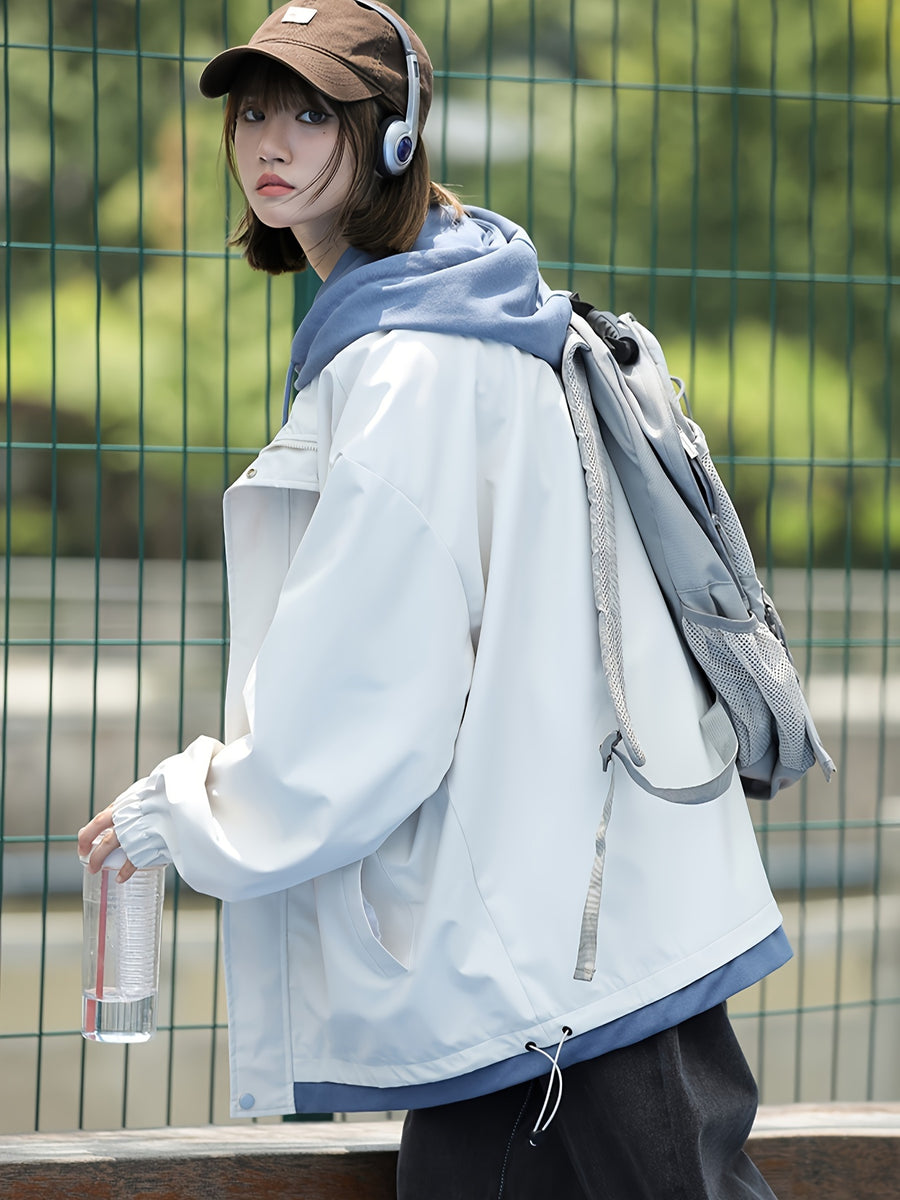 American Style Coat Women'S Trench Hooded Faux Two-Piece Windbreaker Design-Driven Color-Block Casual Loose Jacket - Light White+Blue