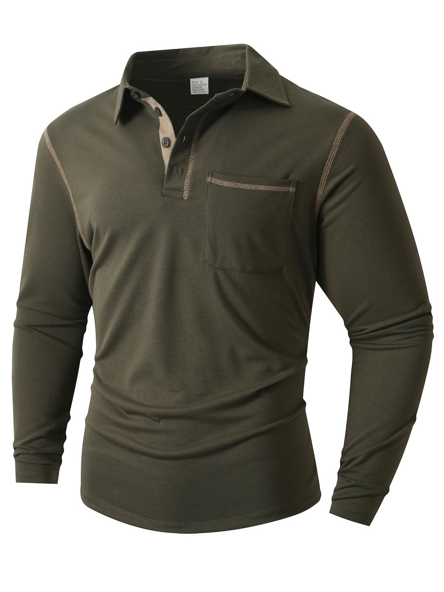 KJ-P029 Men's Long Sleeve Henley Shirt with Contrast Color Placket and Pocket Design, Stretchy, Comfortable, and Casual Polo for Daily Commuting Wear - fern green