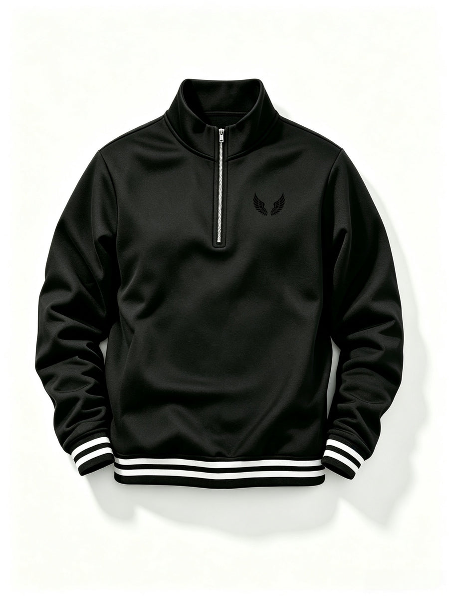 Men's Half-Zip Stand Collar Sweatshirt with Double Wing Pattern Chest Print, Striped Ribbed Cuffs, Loose Fit Athletic Casual Pullover - Black