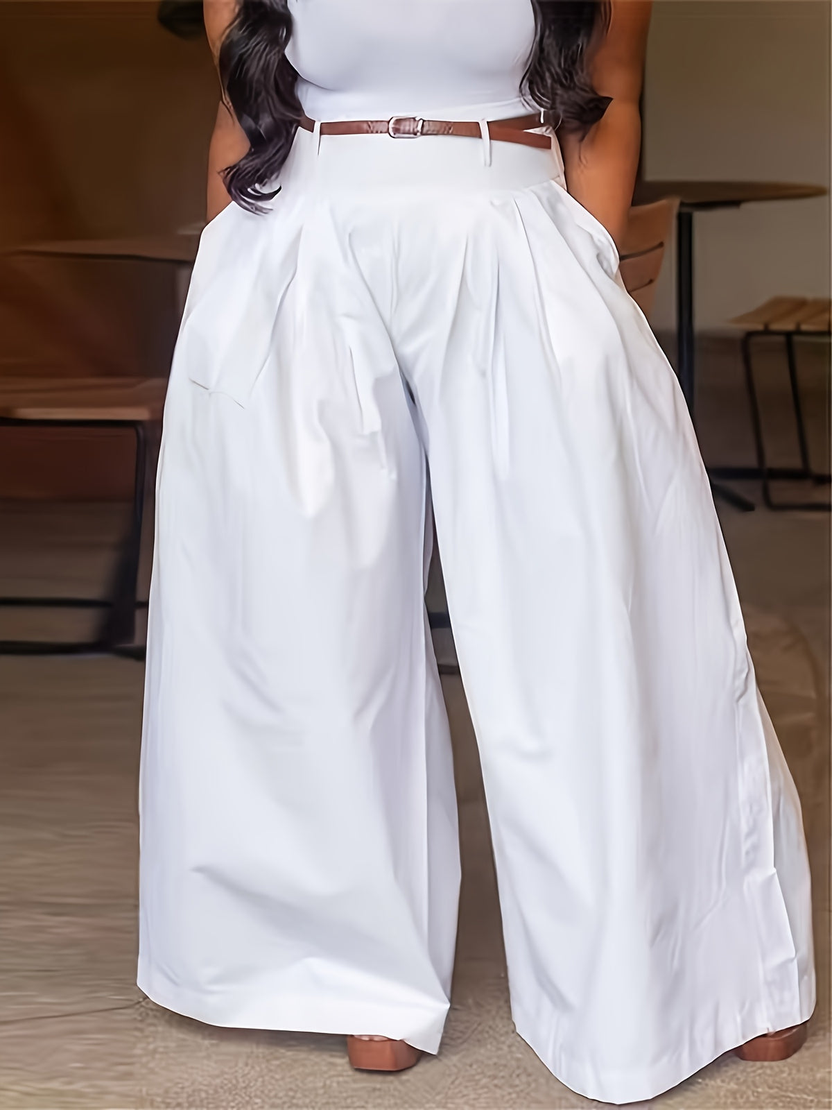 Women's Elastic High-Waisted Loose Fit Casual Trousers with Belt - White
