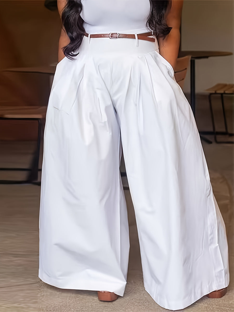 Women's Elastic High-Waisted Loose Fit Casual Trousers with Belt - White