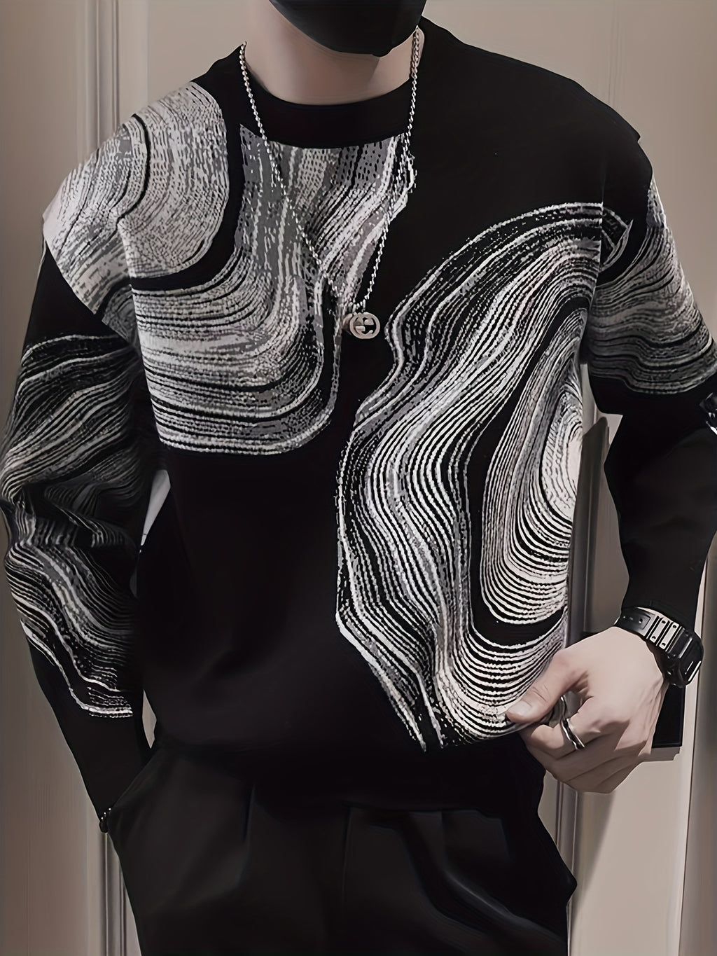 Temujin OBM Men's Fashion Trendy New Creative Jacquard Round Neck Knit Long Sleeve Pullover Sweater - Black