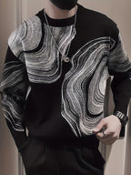 Temujin OBM Men's Fashion Trendy New Creative Jacquard Round Neck Knit Long Sleeve Pullover Sweater - Black