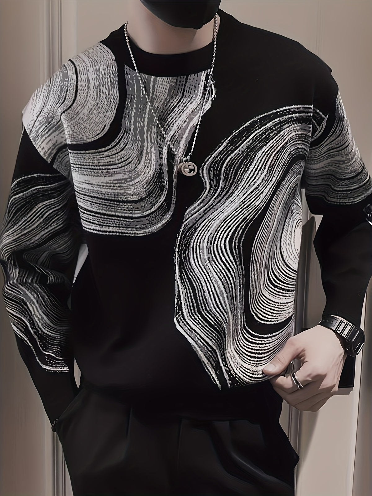Temujin OBM Men's Fashion Trendy New Creative Jacquard Round Neck Knit Long Sleeve Pullover Sweater - Black