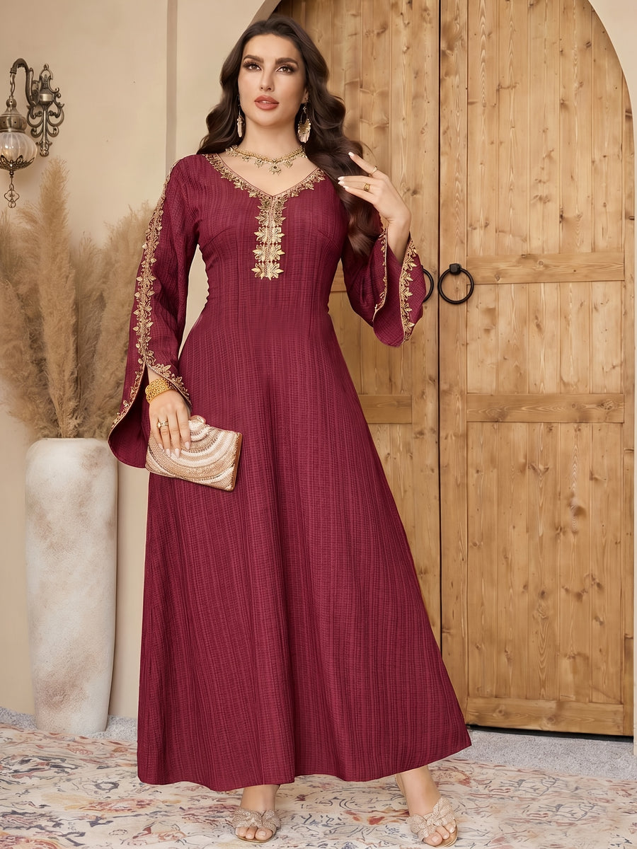 Women's Elegant Arabic Style -Line Maxi Dress with Lace Bell Sleeves & Round Neck - Solid Color Suitable for Weddings, Parties, Special Occasions, Spring Summer Fall Dresses - Burgundy