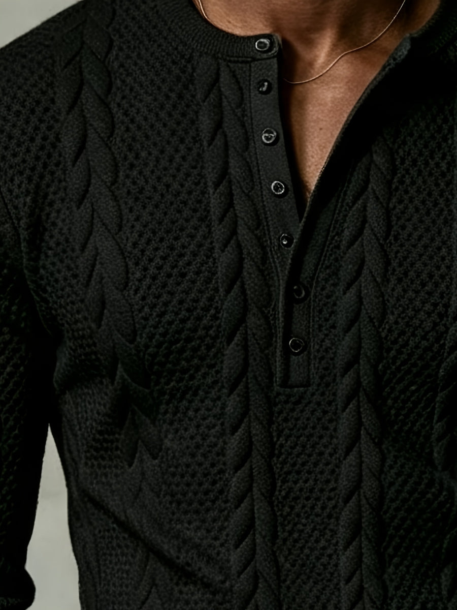 Autumn Men'S White Textured Henley Top, Half-Buttoned Jacquard Long Sleeve Knit Pullover, Korean Style Clean Fit for Men, Slight Stretch Regular Fit, Outdoor And Office Versatile Top - Black