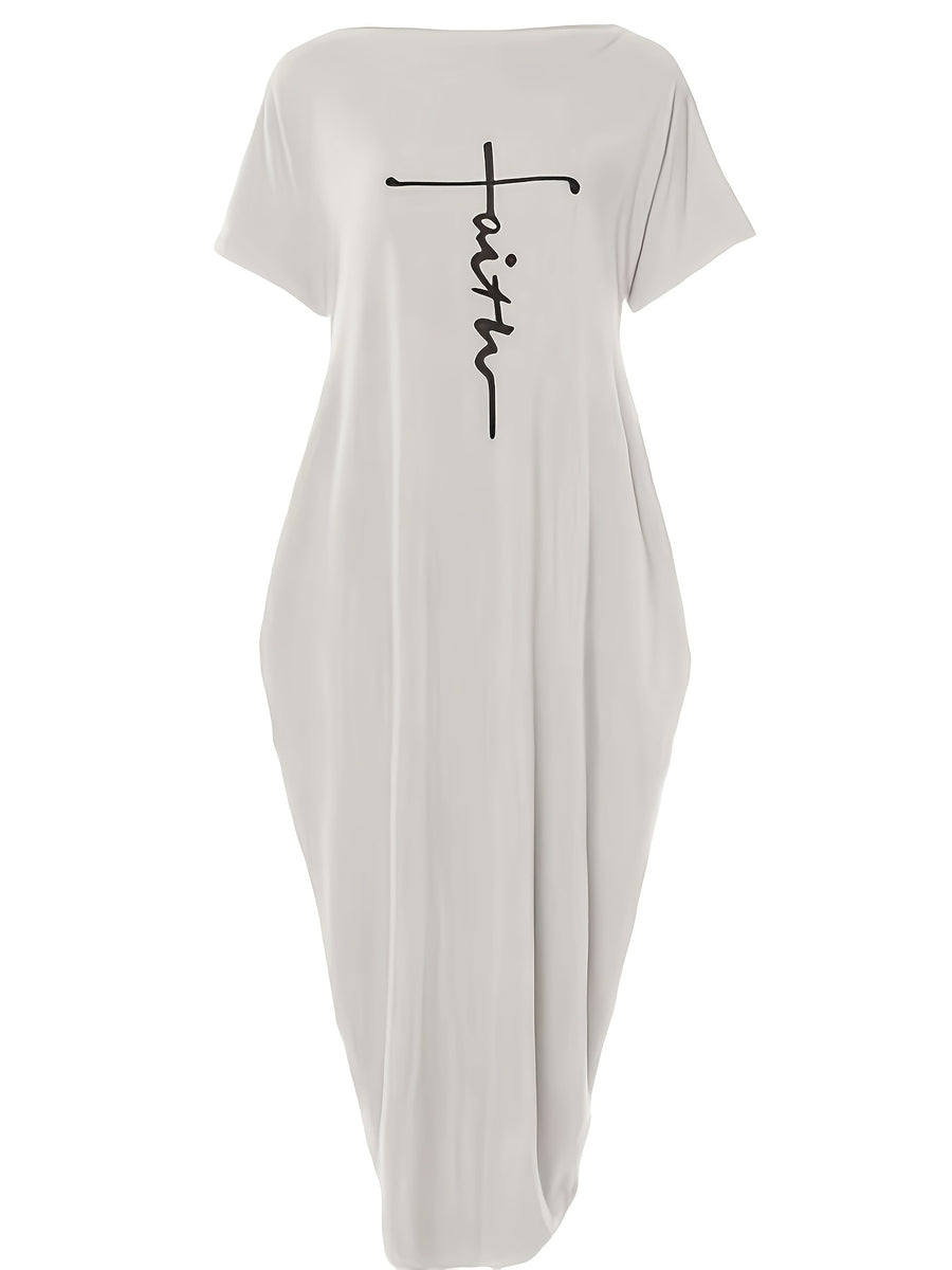 Faith Letter Off-The-Shoulder Pocket Dress Women'S Loose Casual Style Long T-Shirt Dress Features: Off-The-Shoulder Design Is Lazy And Casual, with a Easy And Eye-Catching "Faith" Letter Print on The Front; The Loose Long Style Hides Flaws And Slims - Grey