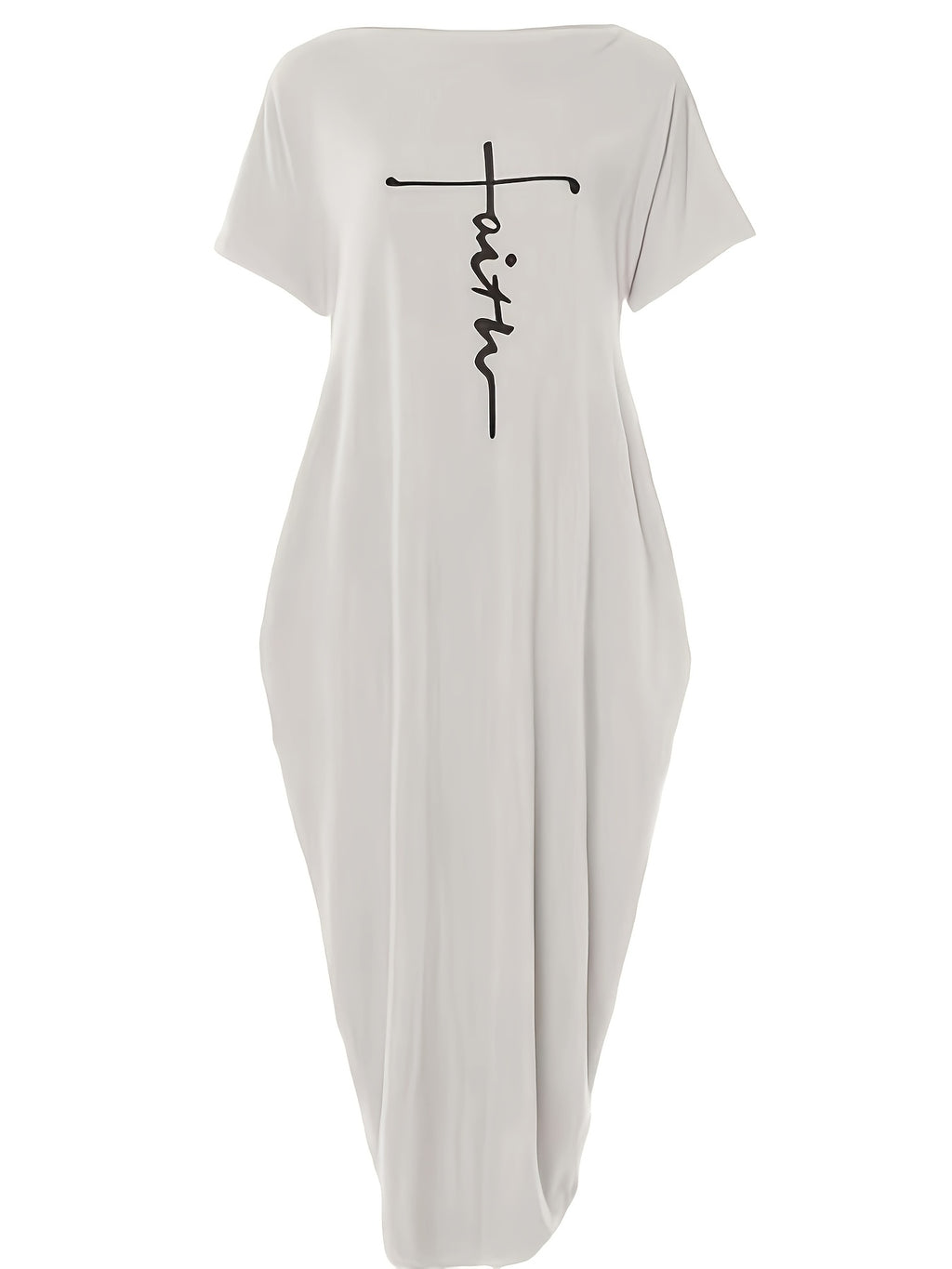 Faith Letter Off-The-Shoulder Pocket Dress Women'S Loose Casual Style Long T-Shirt Dress Features: Off-The-Shoulder Design Is Lazy And Casual, with a Easy And Eye-Catching "Faith" Letter Print on The Front; The Loose Long Style Hides Flaws And Slims - Grey