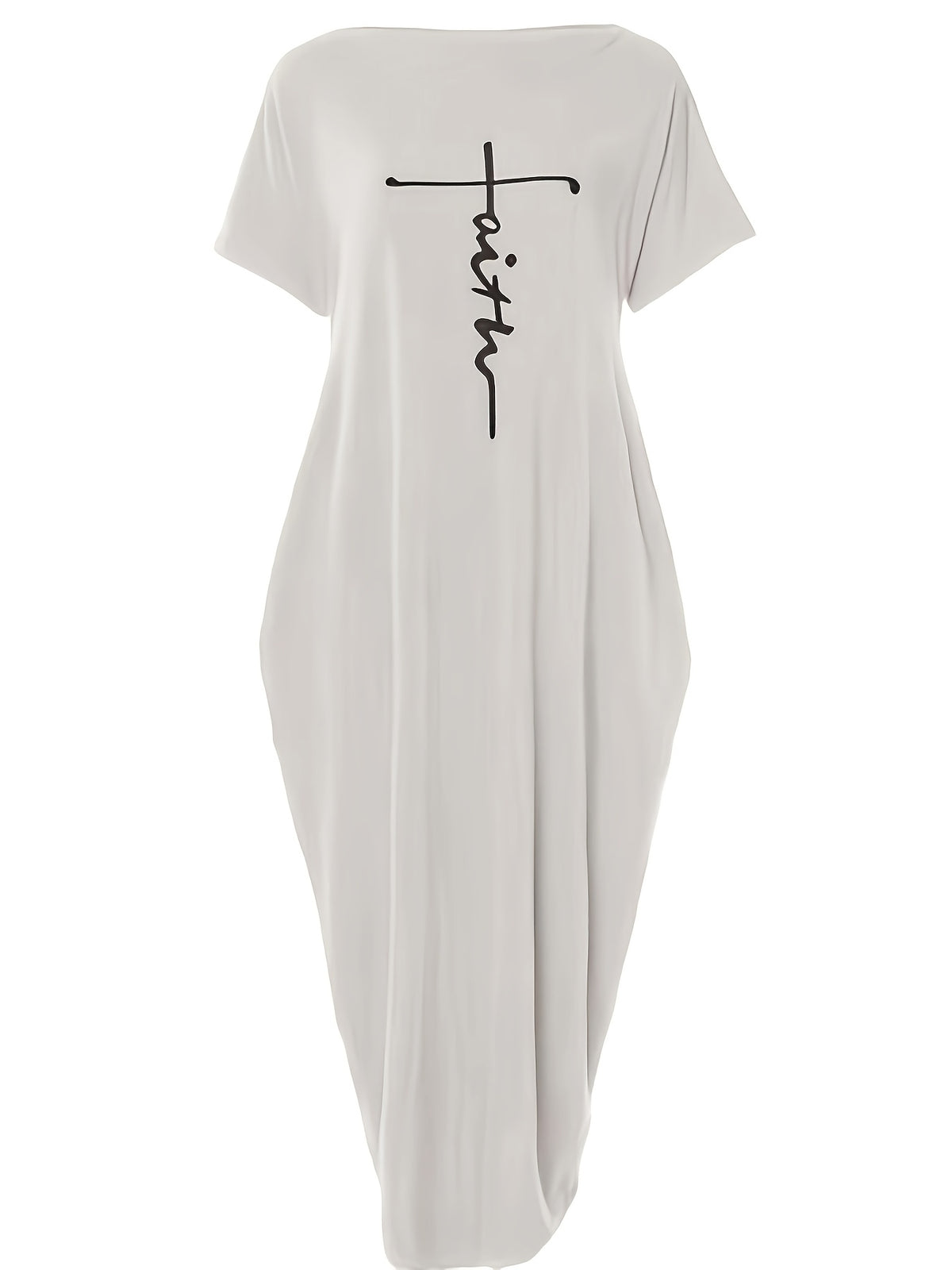 Faith Letter Off-The-Shoulder Pocket Dress Women'S Loose Casual Style Long T-Shirt Dress Features: Off-The-Shoulder Design Is Lazy And Casual, with a Easy And Eye-Catching "Faith" Letter Print on The Front; The Loose Long Style Hides Flaws And Slims - Grey