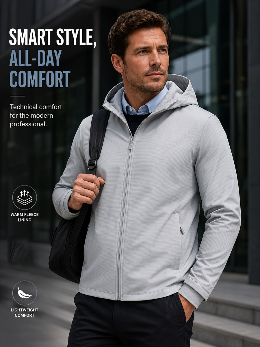 Men's Full-Zip -Lined Hooded Jacket, Lightweight Warm Softshell Outerwear, Men's Fashion Hoodie, Loose and Stretchy, Business Casual Outdoor Hoodie, Thermoregulating Top, Suitable for Office, Commuting, Travel, and Daily Autumn/Winter Wear - Light Silvery Grey