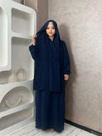 IRONFREE Elegant Crepe Hooded Abaya Hijab with Attached Scarf & Pockets - Modest Long Sleeve Full Coverage Prayer Dress, Machine Washable Medium Stretch Solid Color All-Season Traditional Muslim Women's Clothing, Muslim Clothes, Modest Apparel, Medium - Navy Color